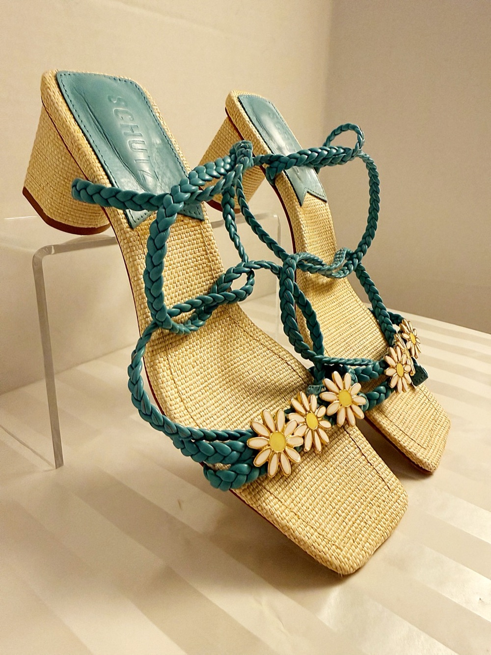 Schutz Hina Mid Daisy Raffia Lace Up Sandals Turquoise 7.5 Anthropologie